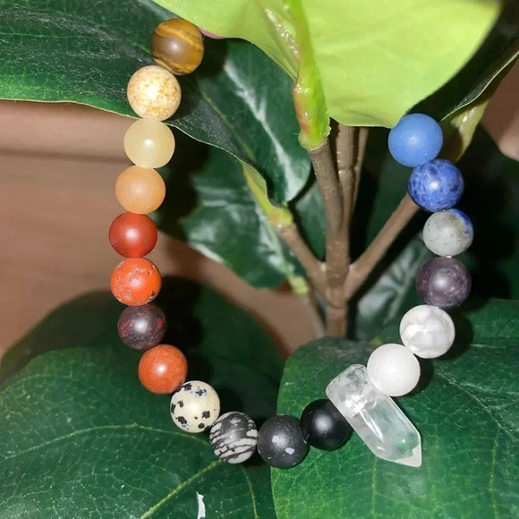 CRYSTALINE HEALING CHAKRA MULTI STONE BEADED BRACELET WITH CLEAR QUARTZ CRYSTAL - Picture 1 of 11